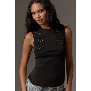 By Anthropologie Beaded Appliqué Tank Blouse Top Ribbed Floral Black XXS 270080